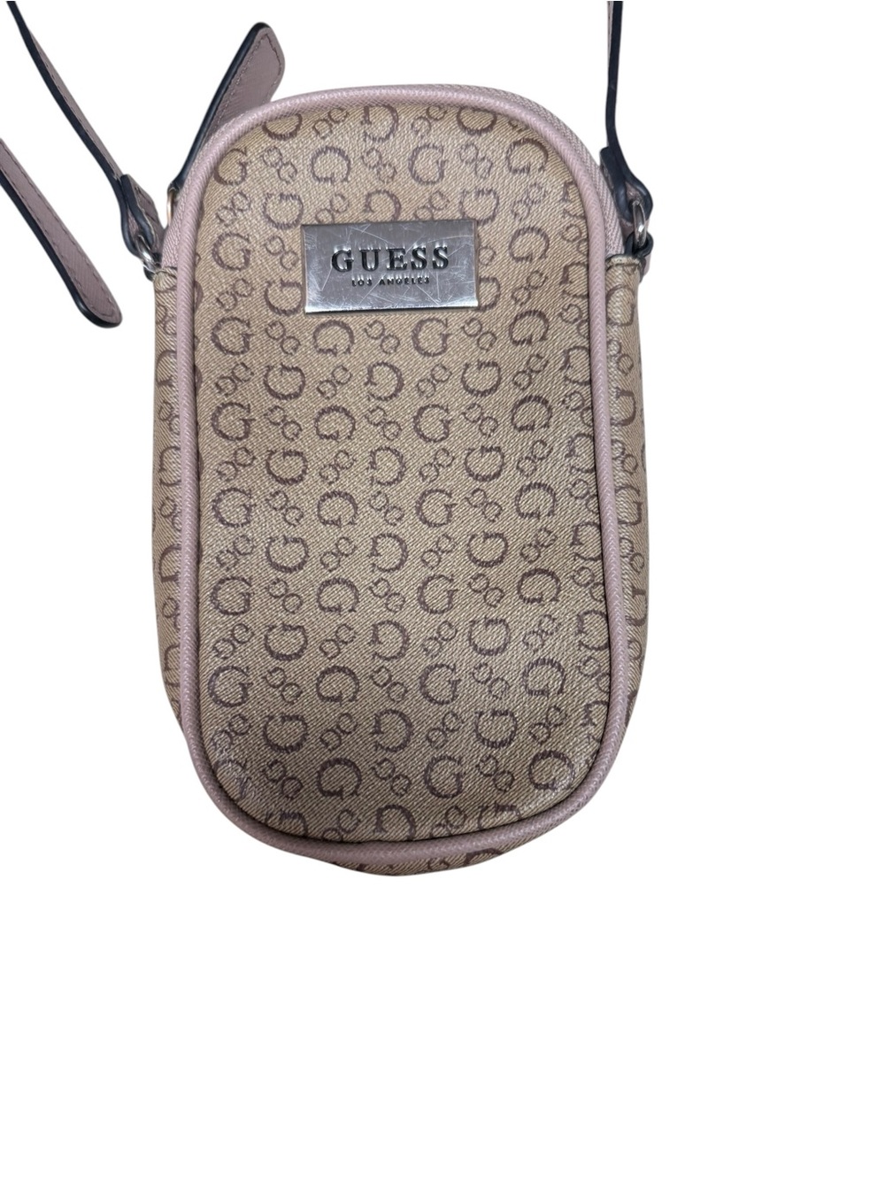 GUESS Beige Monogram Crossbody Bag with Pink Trim